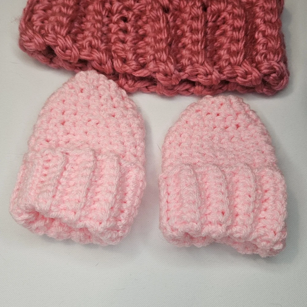 Infant Pink Crochet Hat and Mittens Set